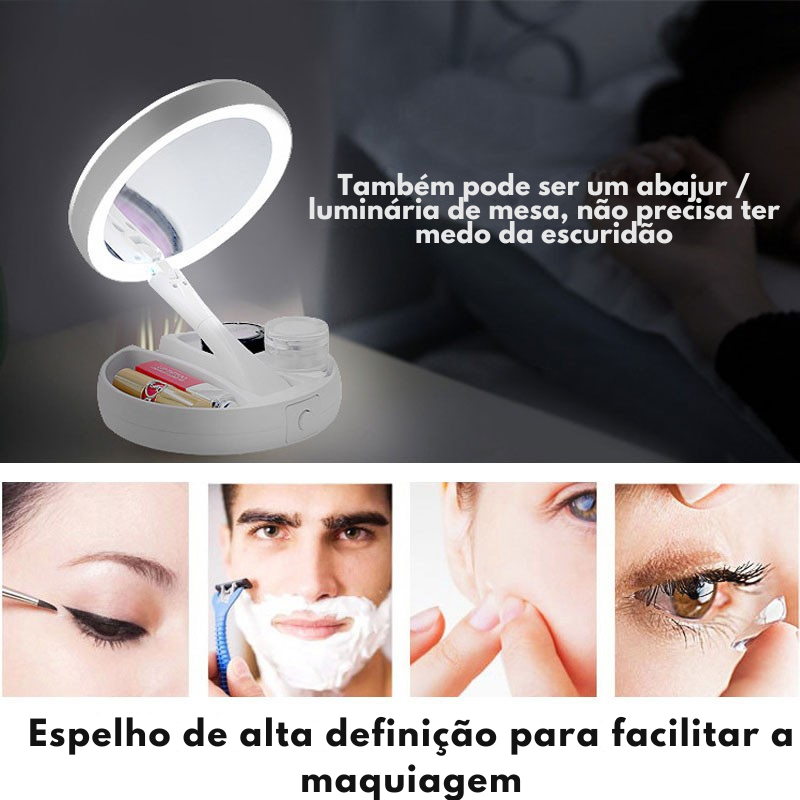 Espelho maquiagem dobrável aumenta até 10x com luz led portátil viagem camarim