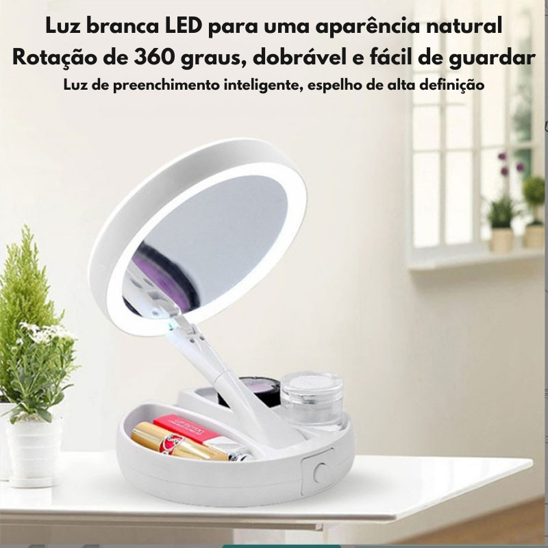 Espelho maquiagem dobrável aumenta até 10x com luz led portátil viagem camarim