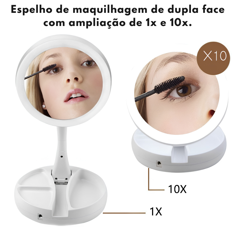 Espelho maquiagem dobrável aumenta até 10x com luz led portátil viagem camarim