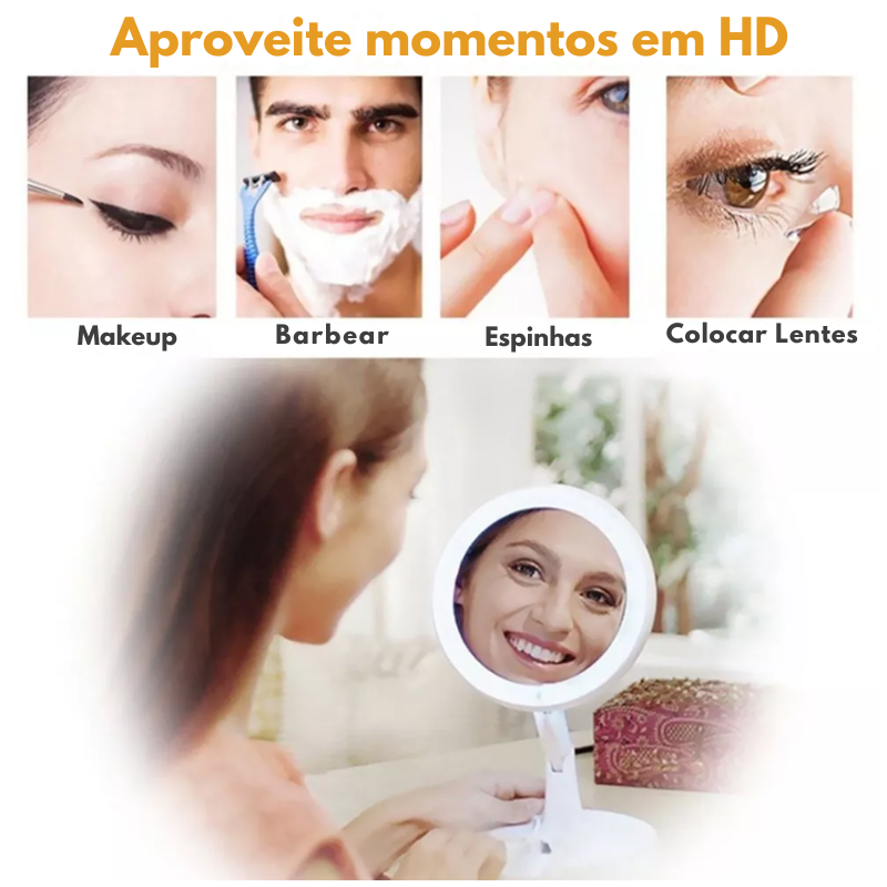 Espelho maquiagem dobrável aumenta até 10x com luz led portátil viagem camarim