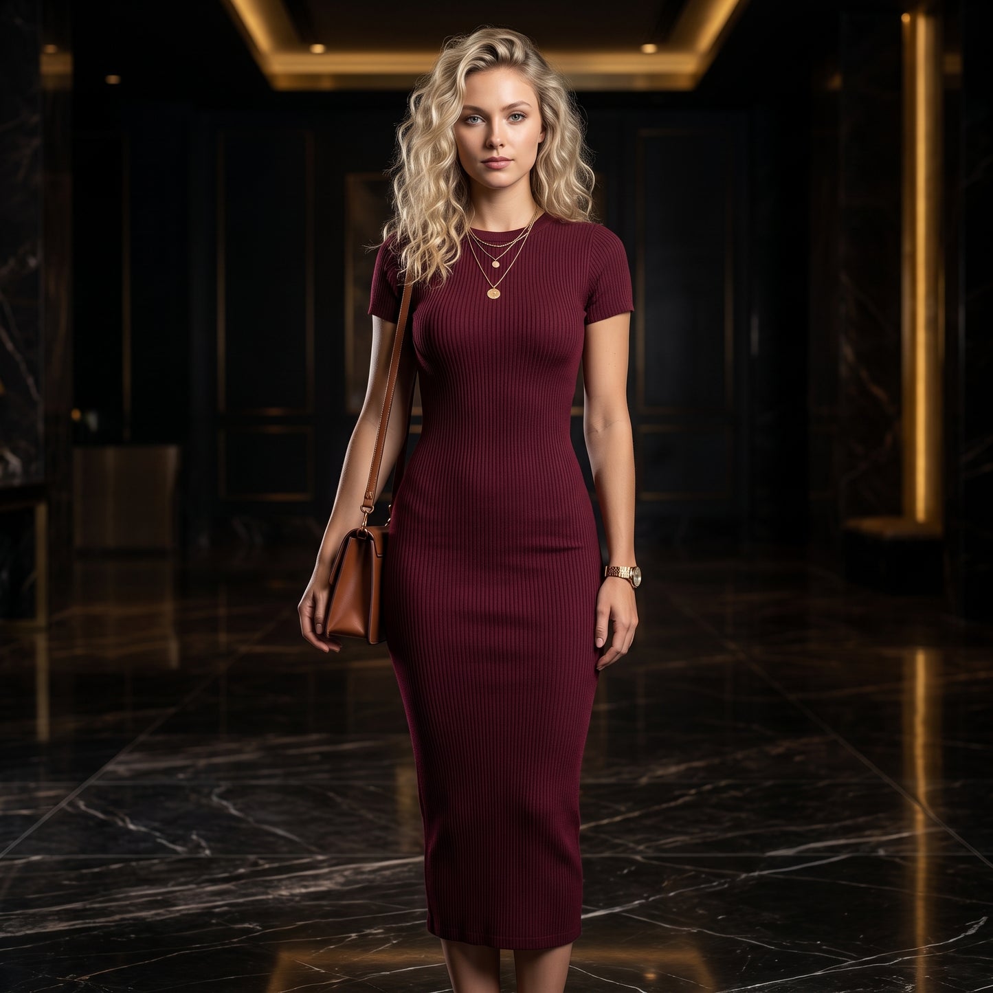 Vestido Midi Feminino Manga Curta Canelado Modelador