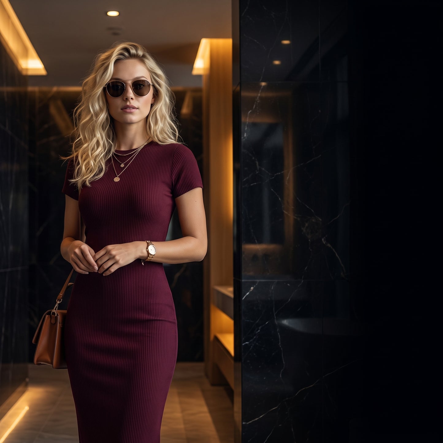 Vestido Midi Feminino Manga Curta Canelado Modelador