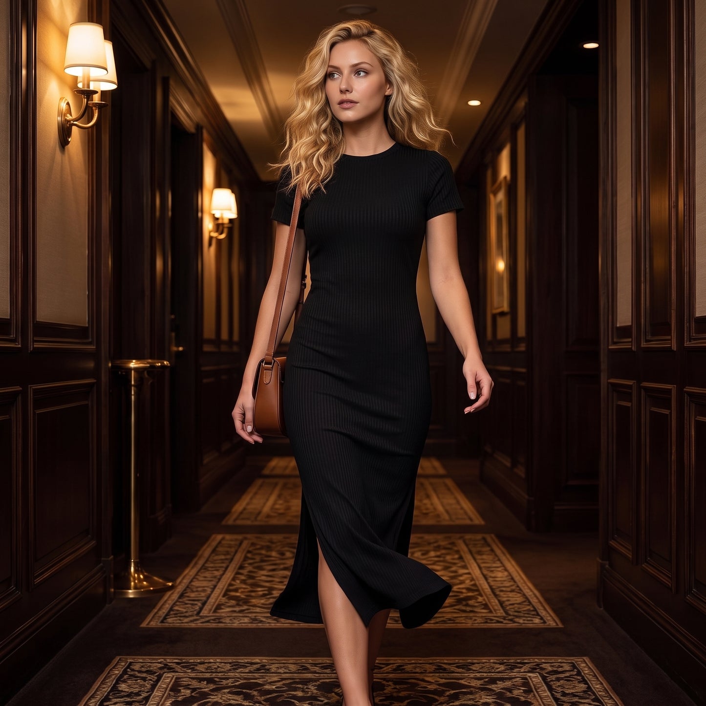 Vestido Midi Feminino Manga Curta Canelado Modelador